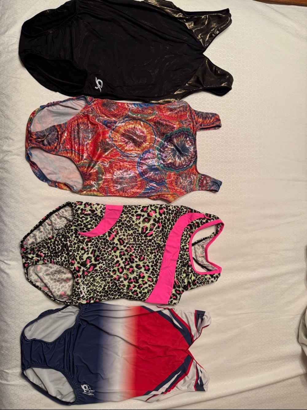 Lot of 4 Gymnastics GK Leos- Black (AM),Multi (AM),Leopard (AS),Red/Blue (AS)
